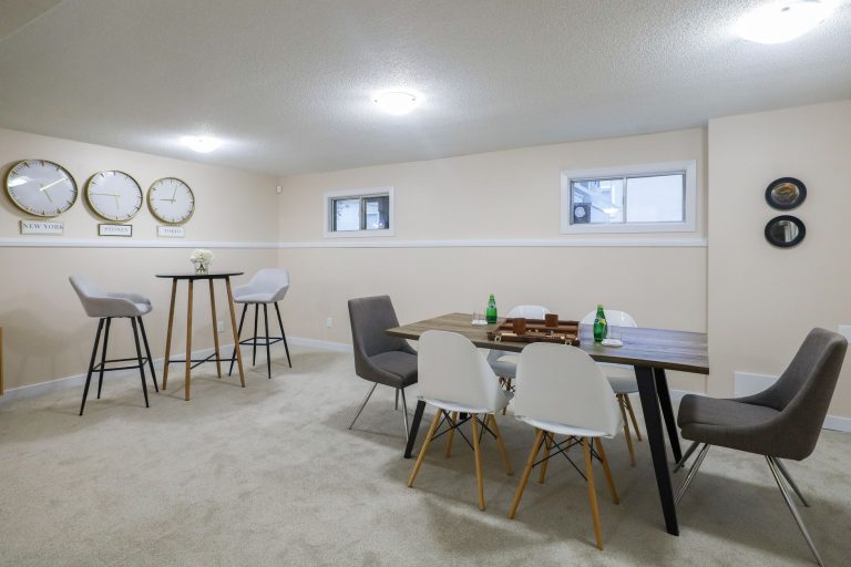 Carpet flooring in a finished Ohio basement family room