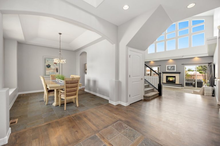 Hardwood flooring across an open dining and living room in an Ohio home